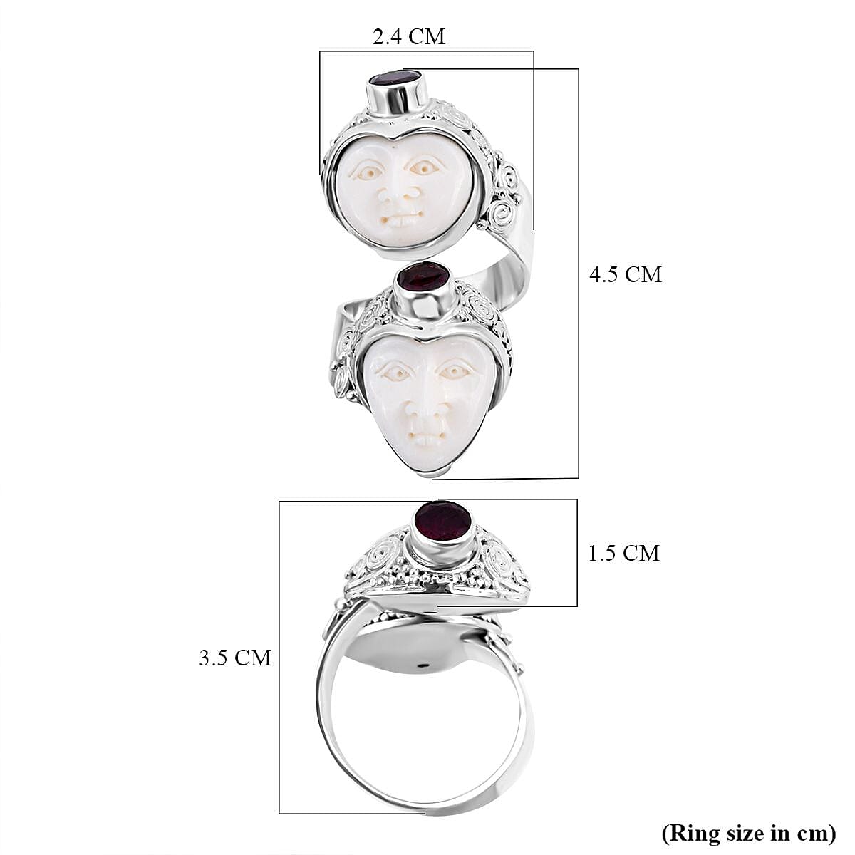 Royal Bali Princess Collection - Ox Bone and Rhodolite Garnet Ring in Sterling Silver, Silver Wt 12.00 Gms