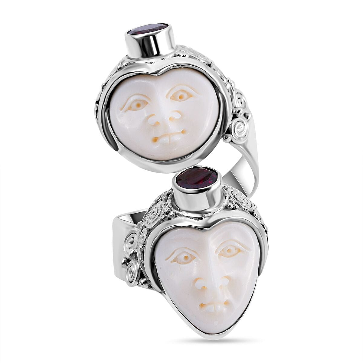 Royal Bali Princess Collection - Ox Bone and Rhodolite Garnet Ring in Sterling Silver, Silver Wt 12.00 Gms