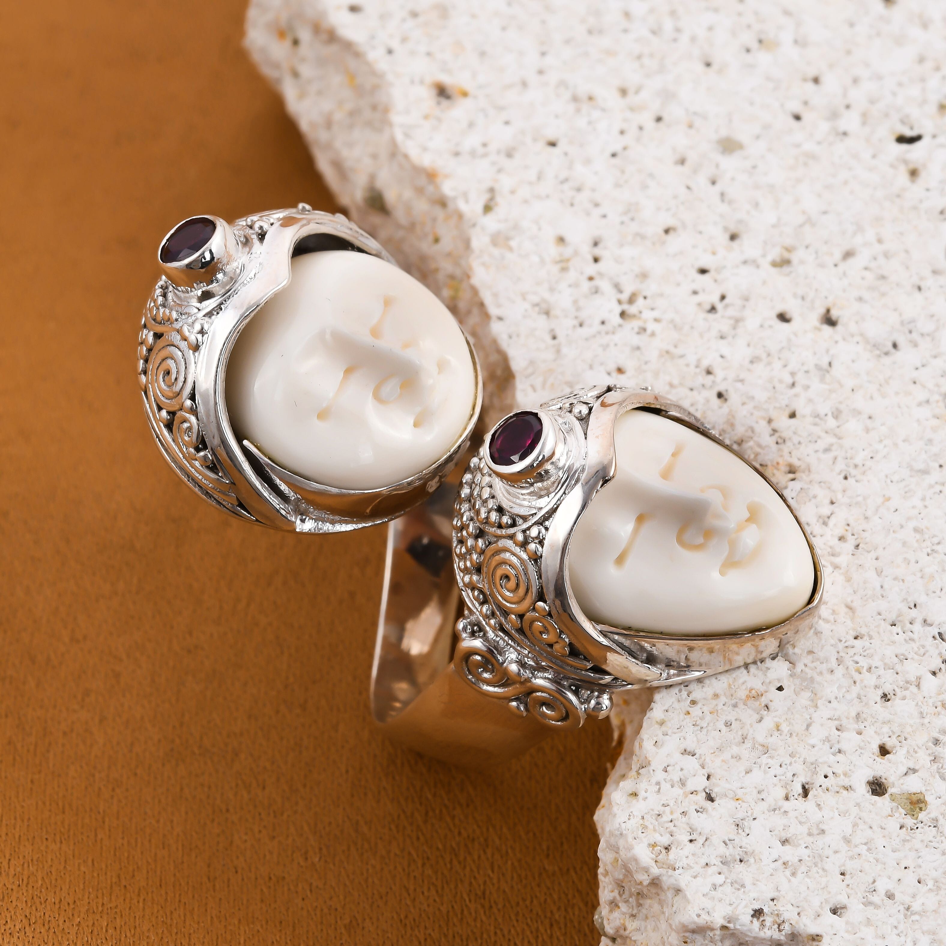 Royal Bali Princess Collection - Ox Bone and Rhodolite Garnet Ring in Sterling Silver, Silver Wt 12.00 Gms