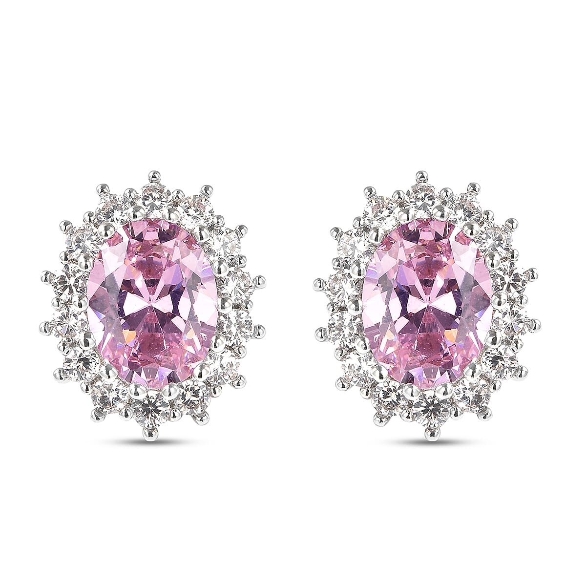 Simulated Pink Sapphire and Simulated Diamond Halo Stud Earrings (with Push Back) in Rose Gold Tone