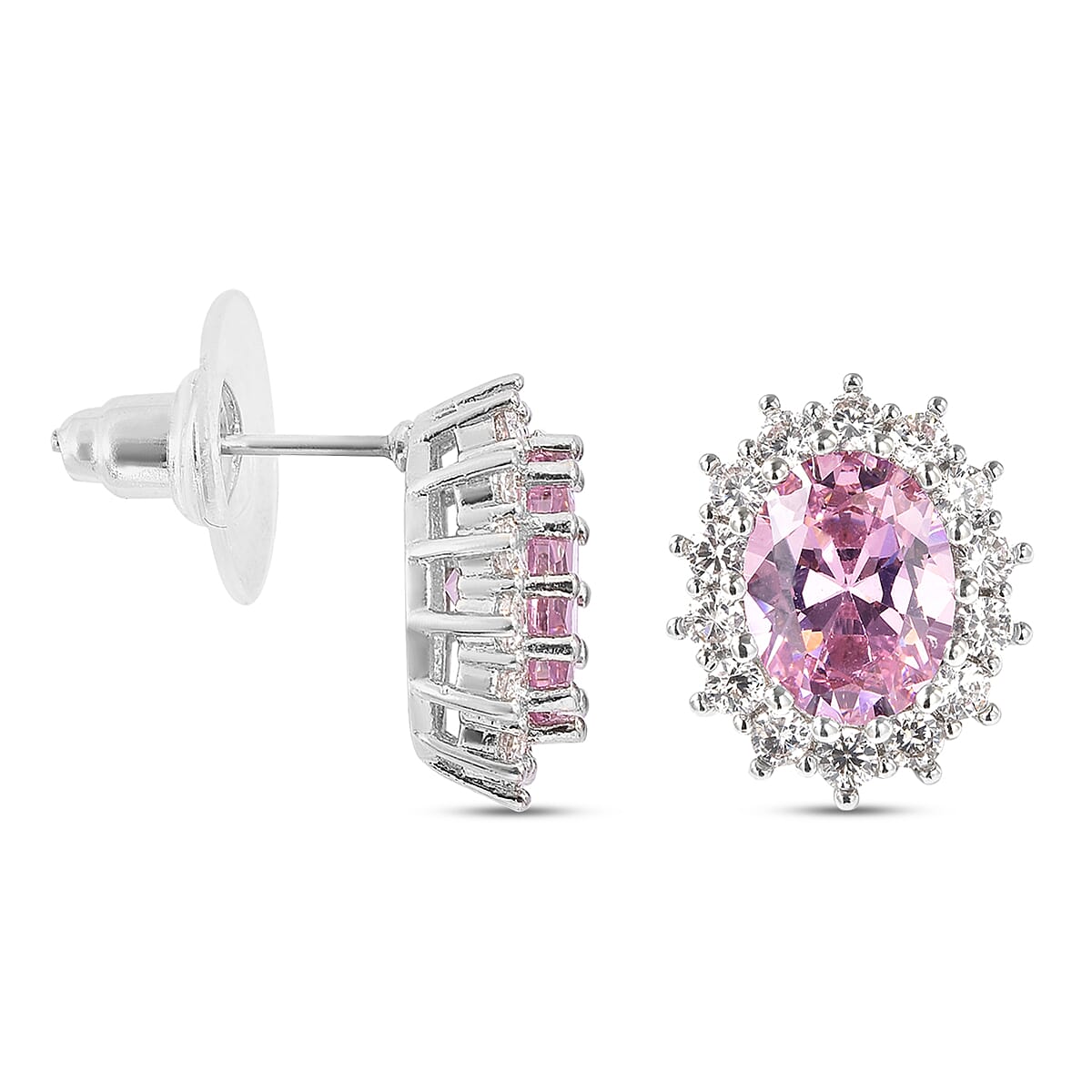 Simulated Pink Sapphire and Simulated Diamond Halo Stud Earrings (with Push Back) in Rose Gold Tone