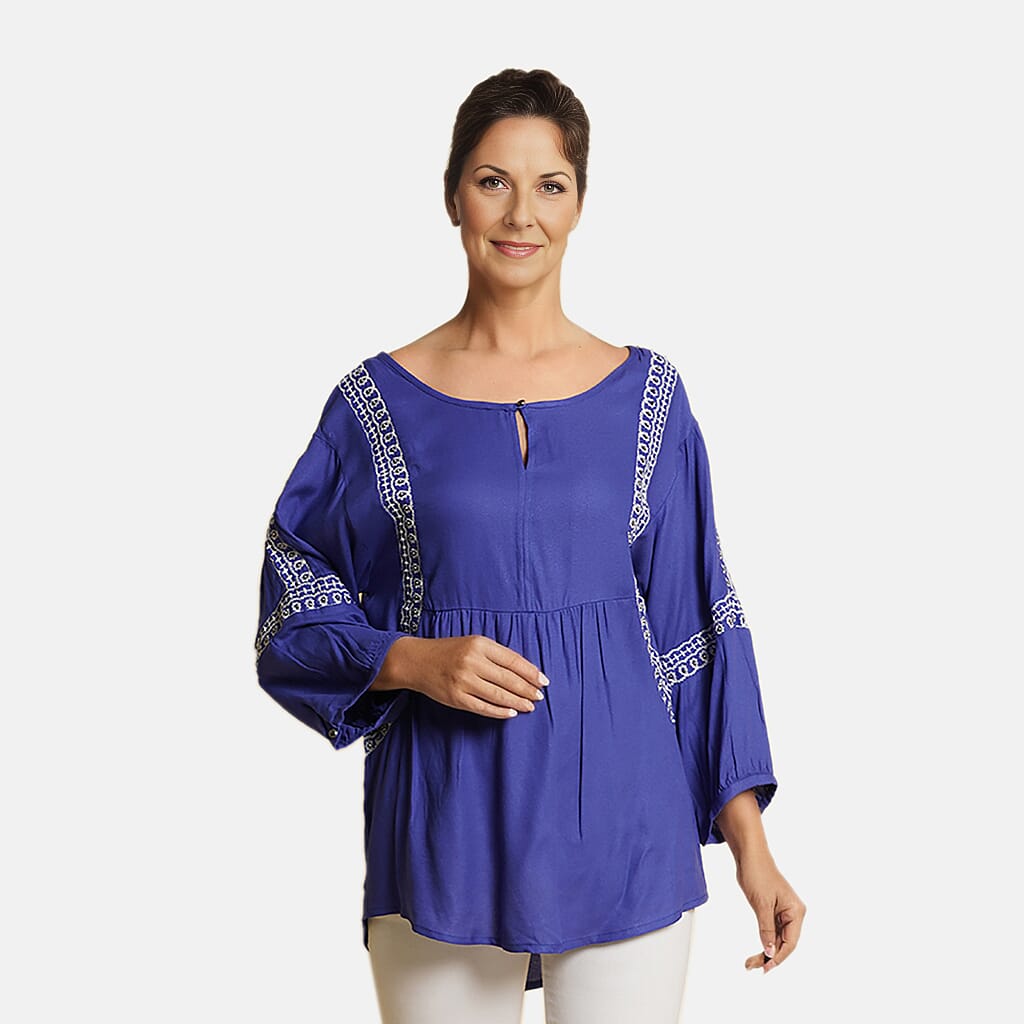 TAMSY Embroidered Top (Size L, 16-18) - Blue