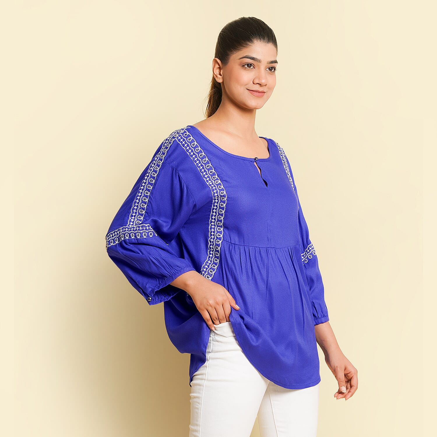 TAMSY Embroidered Top (Size M, 12-14) - Blue