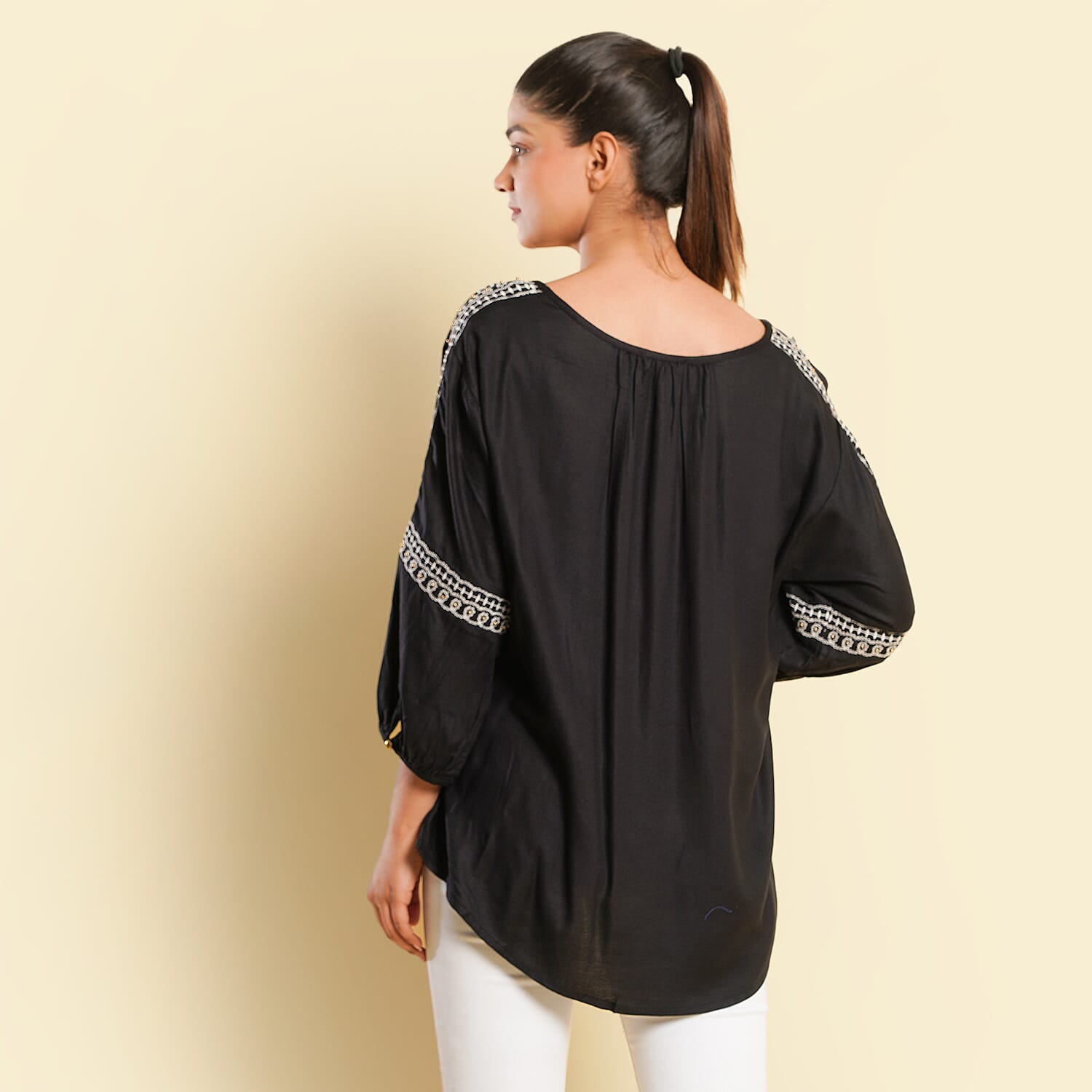 TAMSY Embroidered Top (Size S, 8-10) - Black