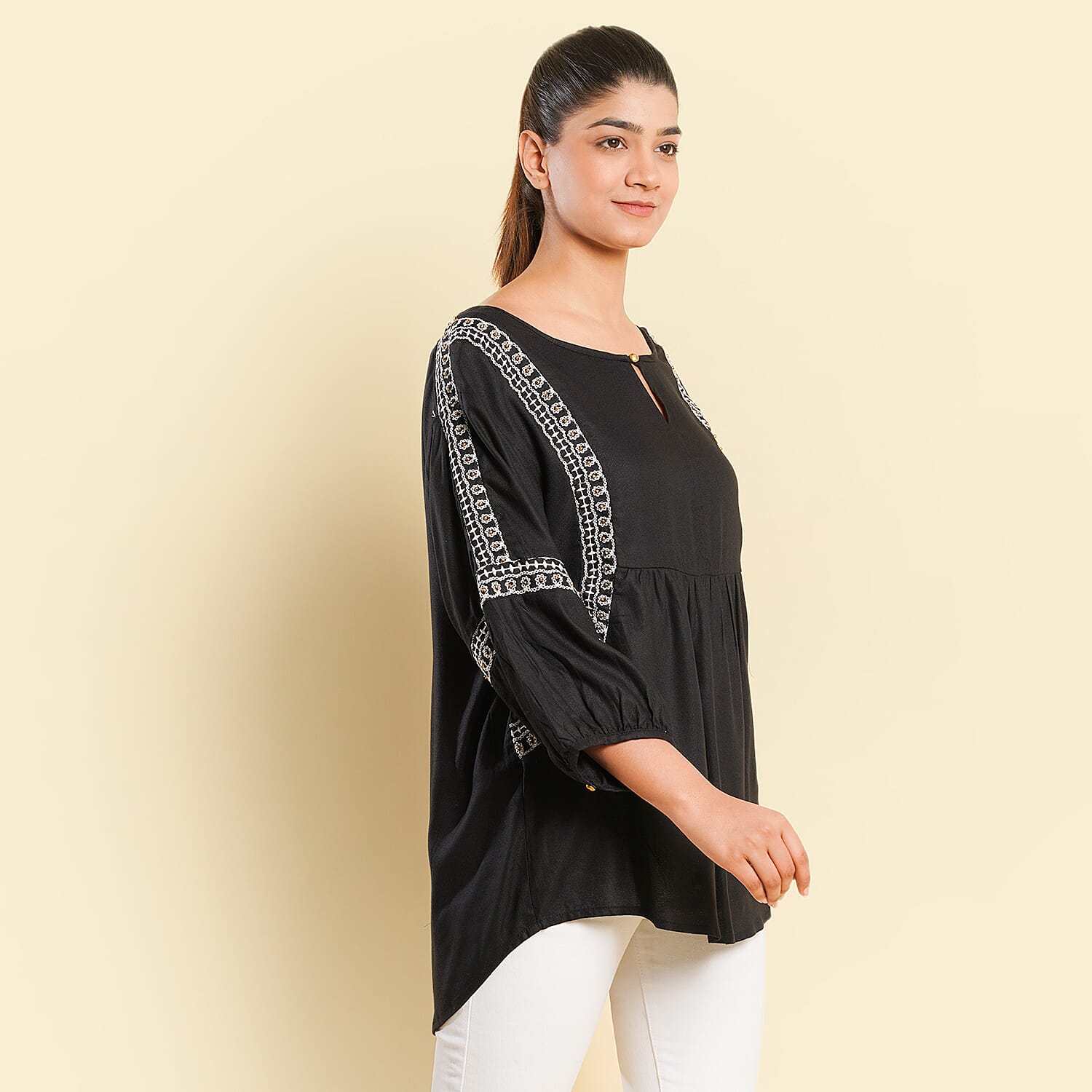 TAMSY Embroidered Top (Size S, 8-10) - Black