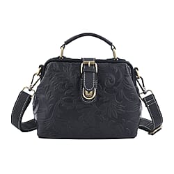 LA MAREY Genuine Leather Leaves Embossed Convertible Bag with Shoulder Strap - Black