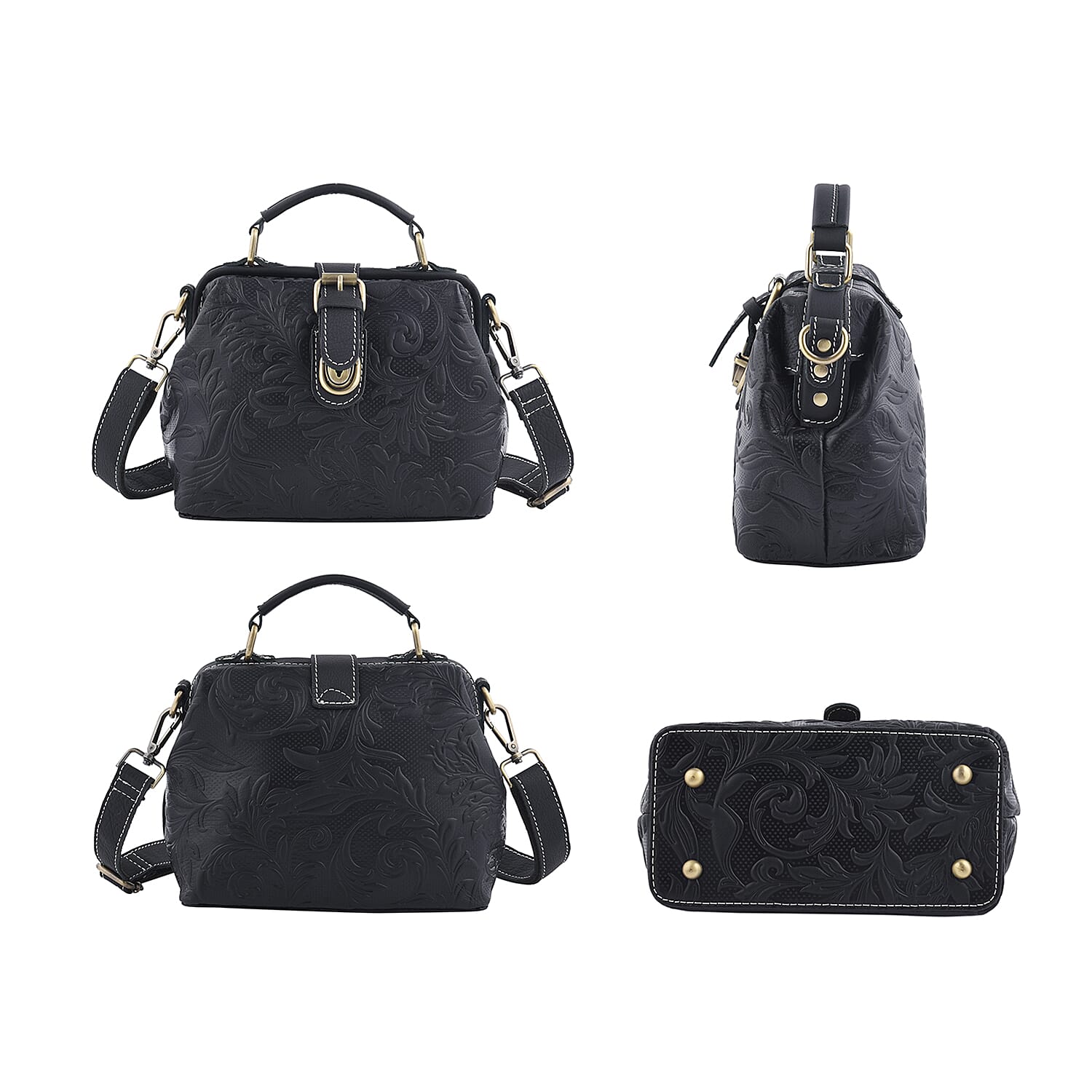 LA MAREY Genuine Leather Leaves Embossed Convertible Bag with Shoulder Strap - Black