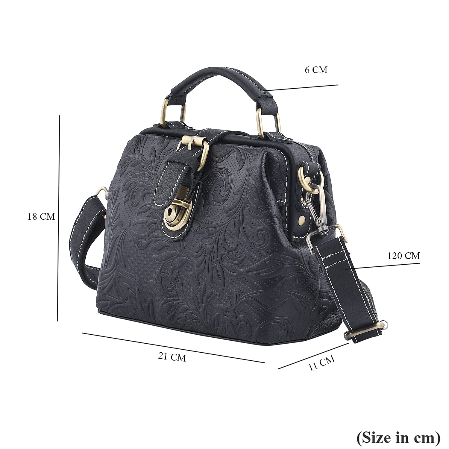 LA MAREY Genuine Leather Leaves Embossed Convertible Bag with Shoulder Strap - Black