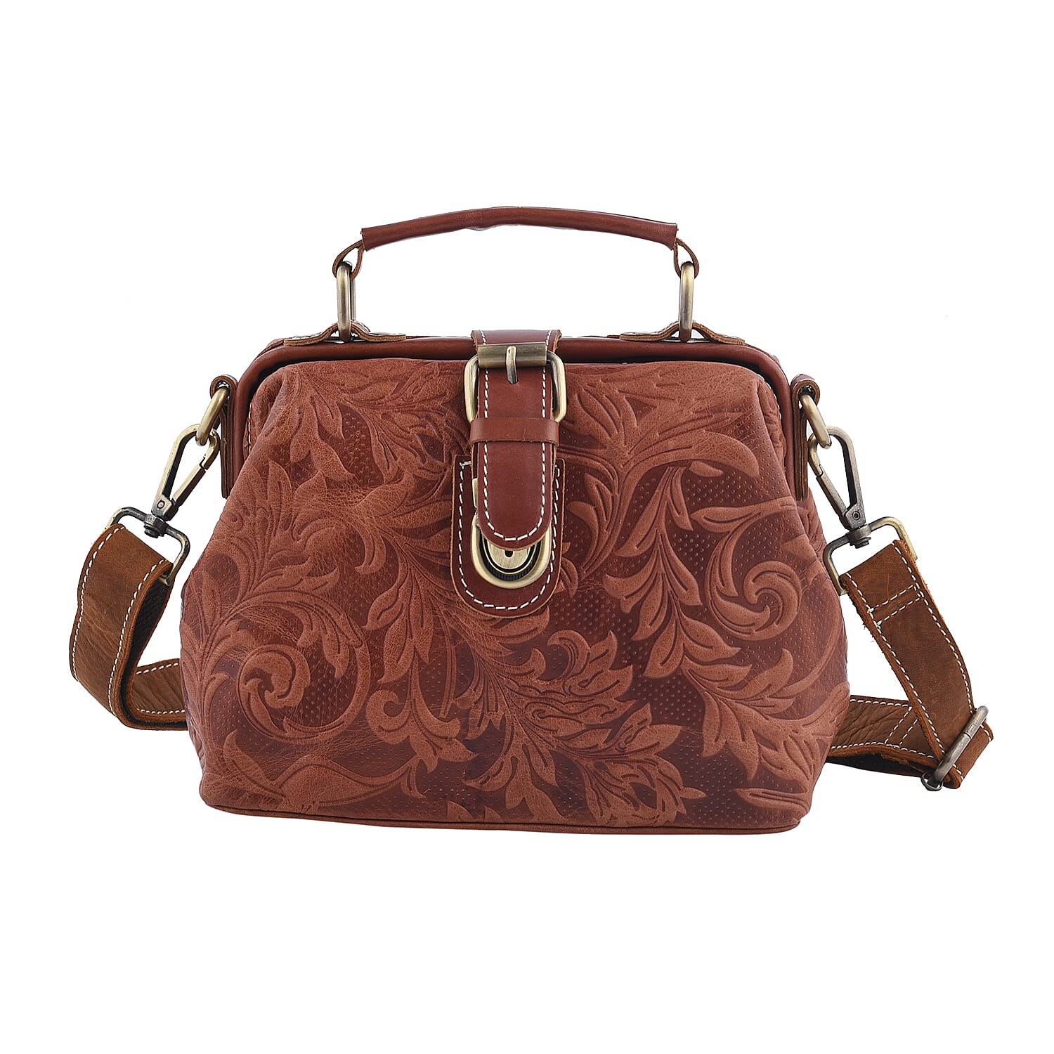 LA MAREY 100% Genuine Leather Leaves Embossed Convertible Bag with Shoulder Strap (Size 21x18x11Cm) - Brown