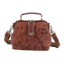 LA MAREY Genuine Leather Leaves Embossed Convertible Bag with Shoulder Strap - Black