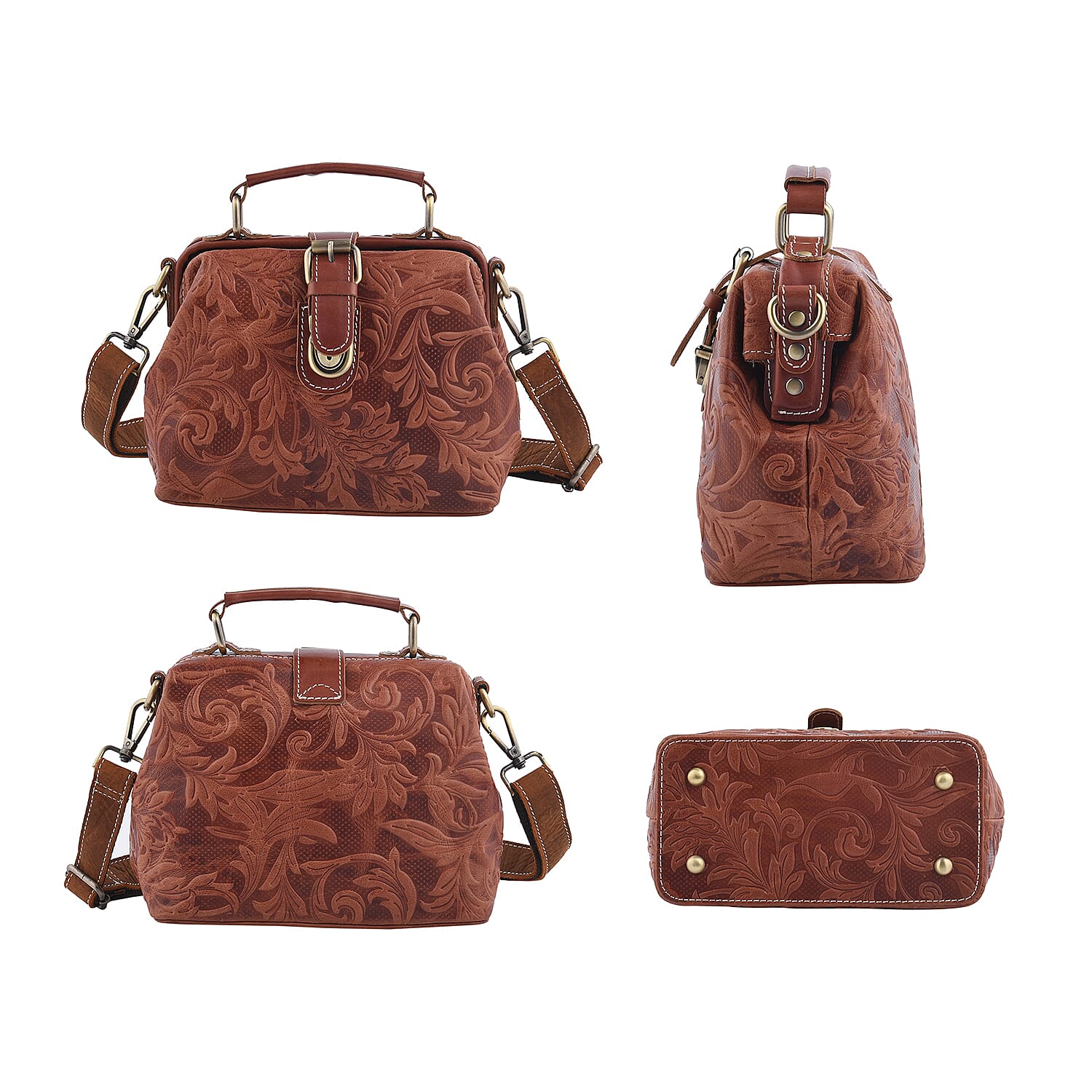 LA MAREY 100% Genuine Leather Leaves Embossed Convertible Bag with Shoulder Strap (Size 21x18x11Cm) - Brown