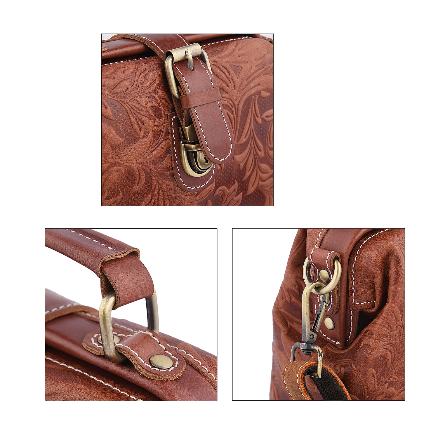 LA MAREY 100% Genuine Leather Leaves Embossed Convertible Bag with Shoulder Strap (Size 21x18x11Cm) - Brown