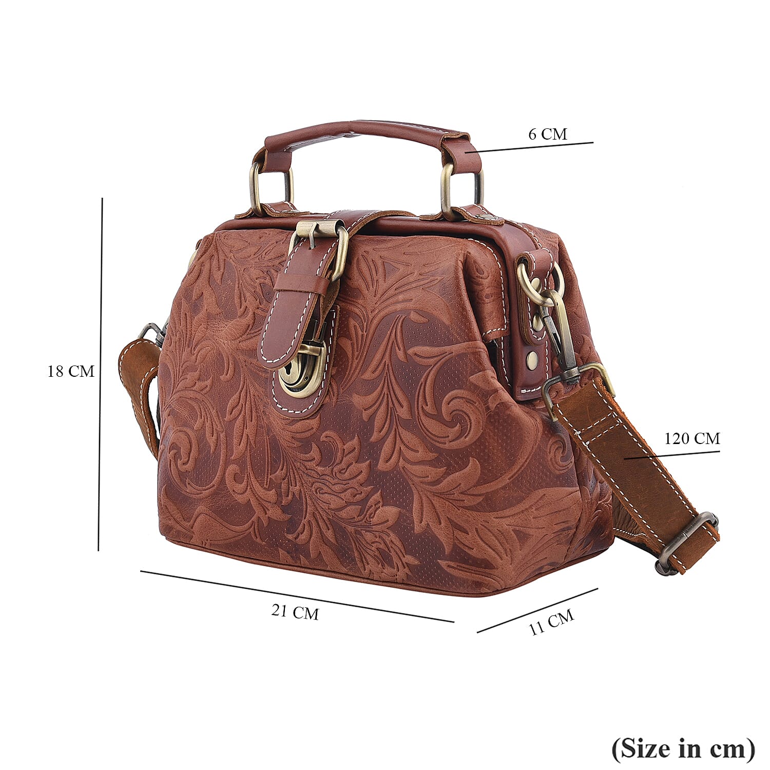 LA MAREY 100% Genuine Leather Leaves Embossed Convertible Bag with Shoulder Strap (Size 21x18x11Cm) - Brown