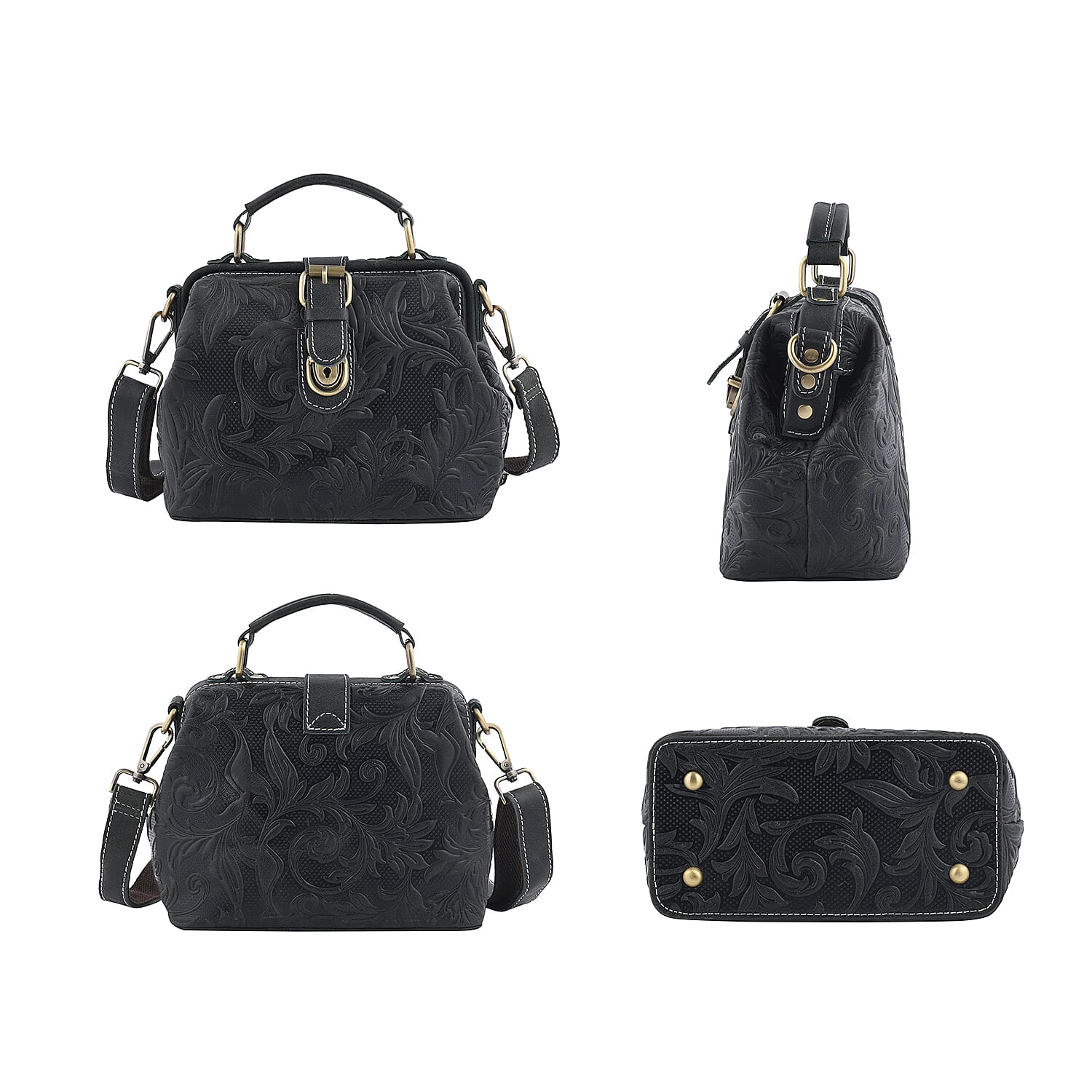 LA MAREY 100% Genuine Leather Leaf Embossed Convertible Bag with Shoulder Strap - Green