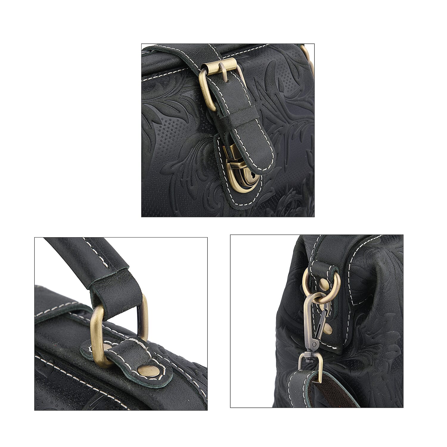 LA MAREY 100% Genuine Leather Leaf Embossed Convertible Bag with Shoulder Strap - Green