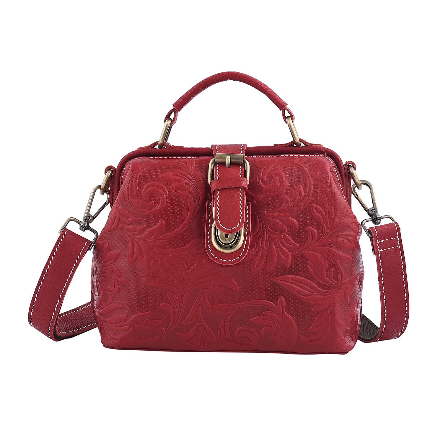 LA MAREY 100% Genuine Leather Leaves Embossed Convertible Bag with Shoulder Strap (Size 21x18x11Cm) - Burgundy