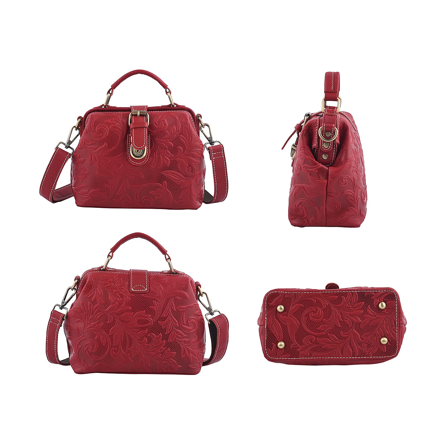 LA MAREY 100% Genuine Leather Leaves Embossed Convertible Bag with Shoulder Strap (Size 21x18x11Cm) - Burgundy