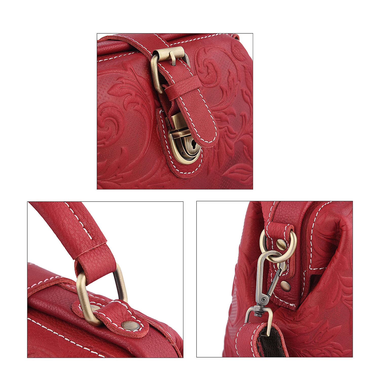 LA MAREY 100% Genuine Leather Leaves Embossed Convertible Bag with Shoulder Strap (Size 21x18x11Cm) - Burgundy