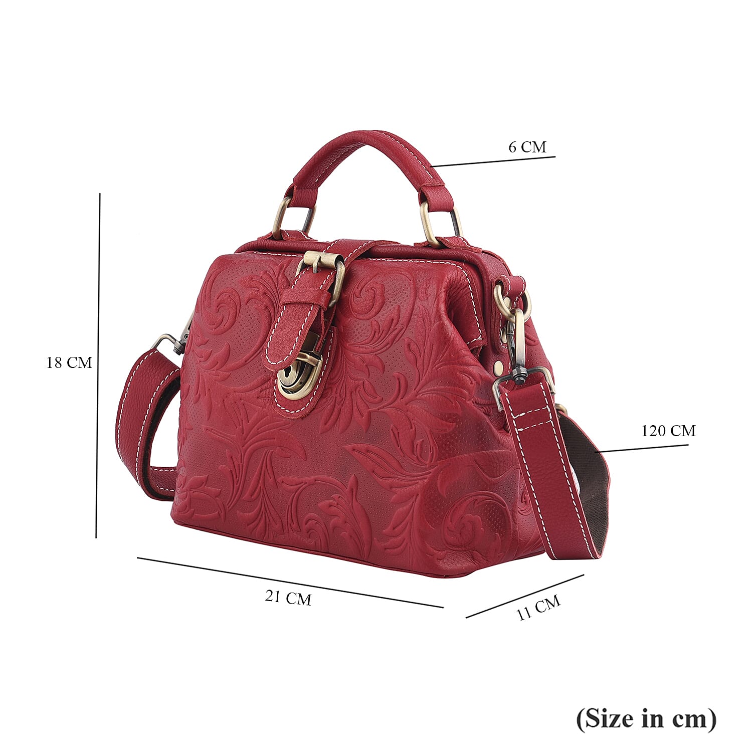 LA MAREY 100% Genuine Leather Leaves Embossed Convertible Bag with Shoulder Strap (Size 21x18x11Cm) - Burgundy