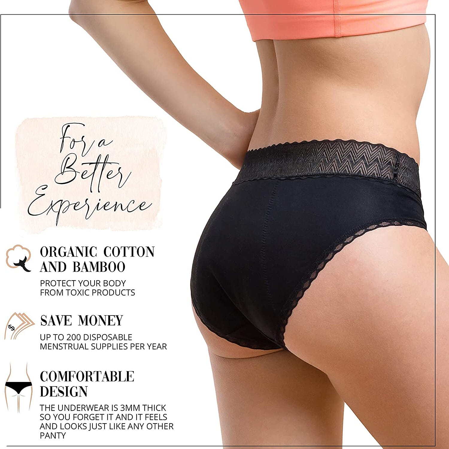 Pack of 3 - Organic Cotton Menstrual Panties (Size S,8-10) - Black