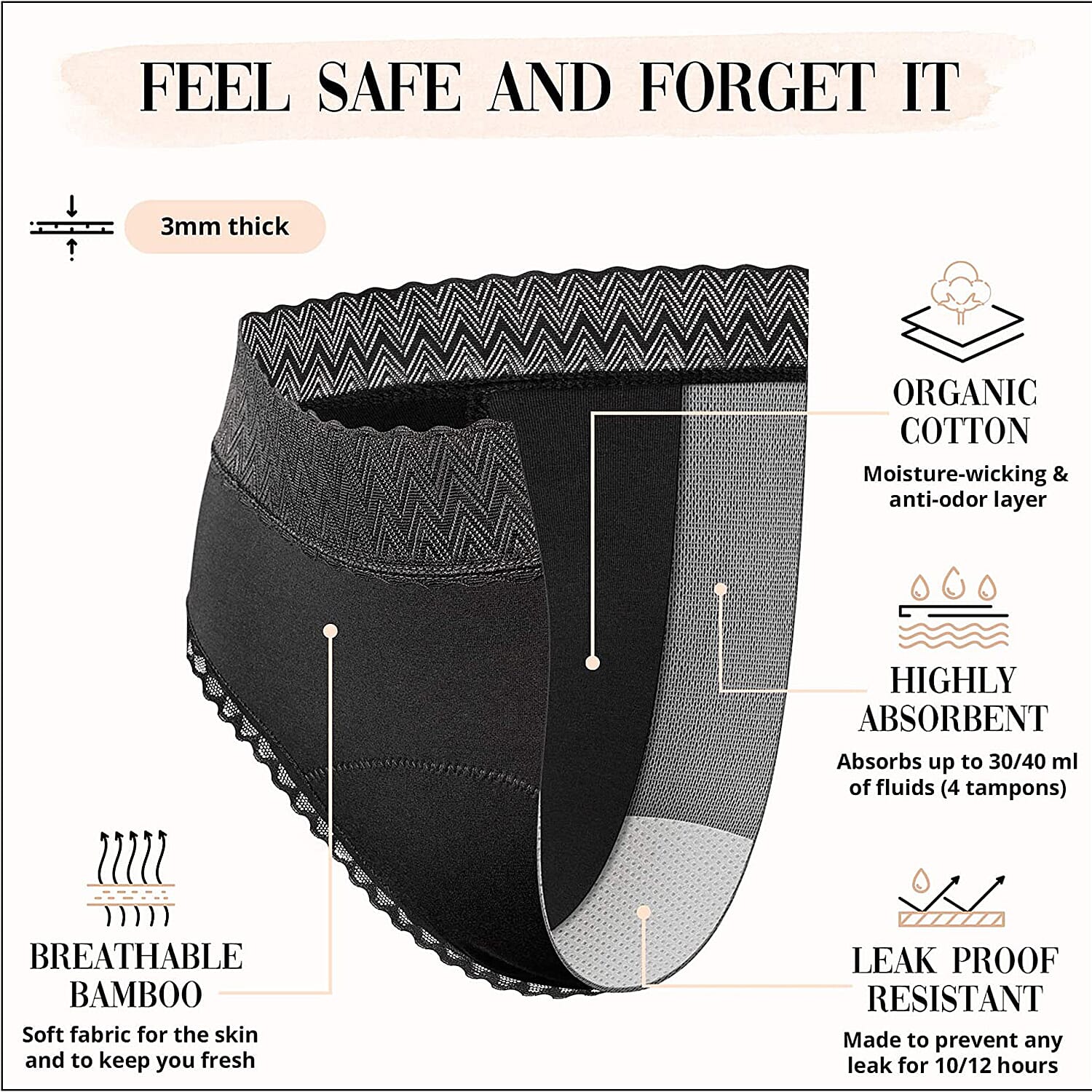 Pack of 3 - Organic Cotton Menstrual Panties (Size S,8-10) - Black