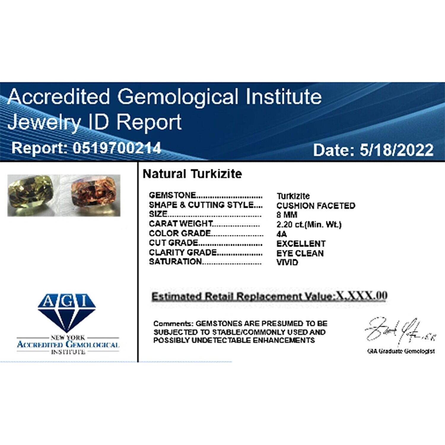 AGI Certified 2.2 Carat AAAA Turkizite Loose Gemstone in Cushion Cut