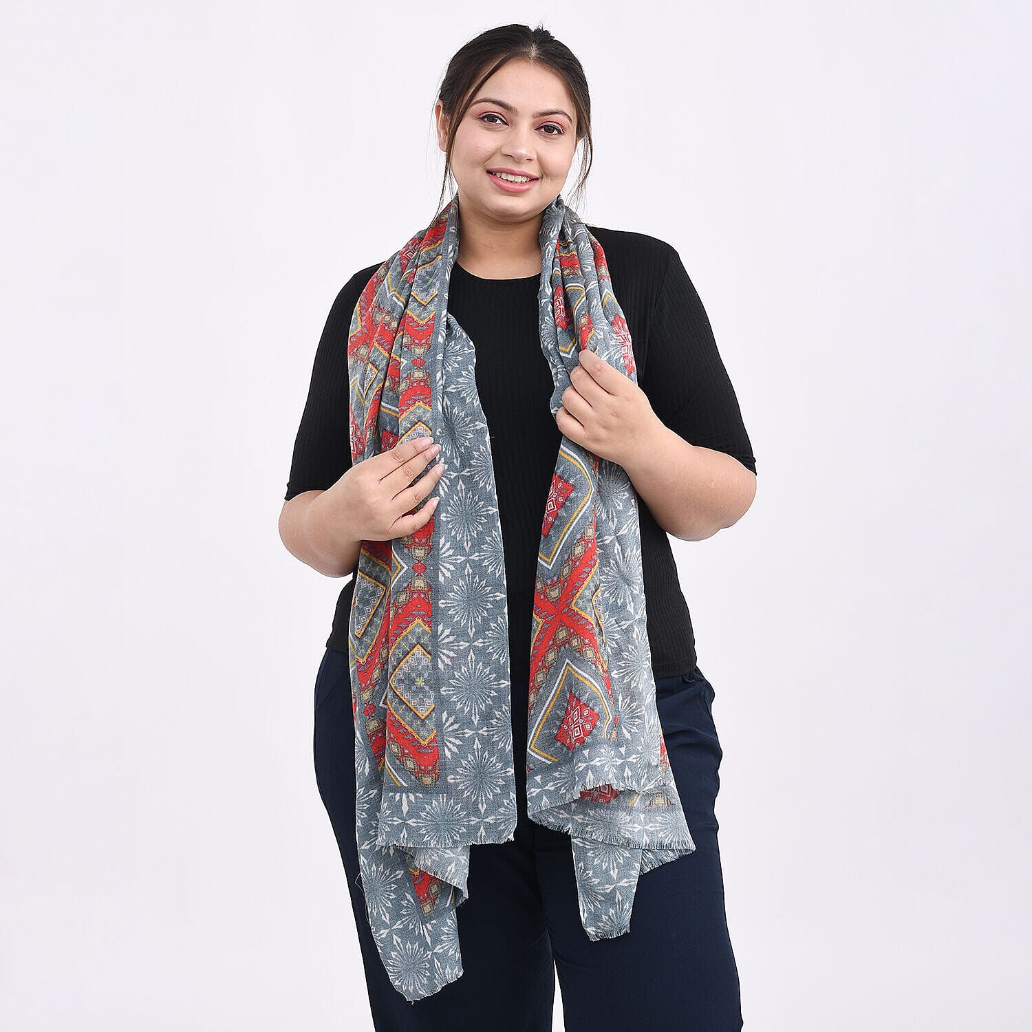 Designer Closeout Deal - 100% Cashmere Wool Digital Scarf (Size 190x70 Cm) - Grey and Red