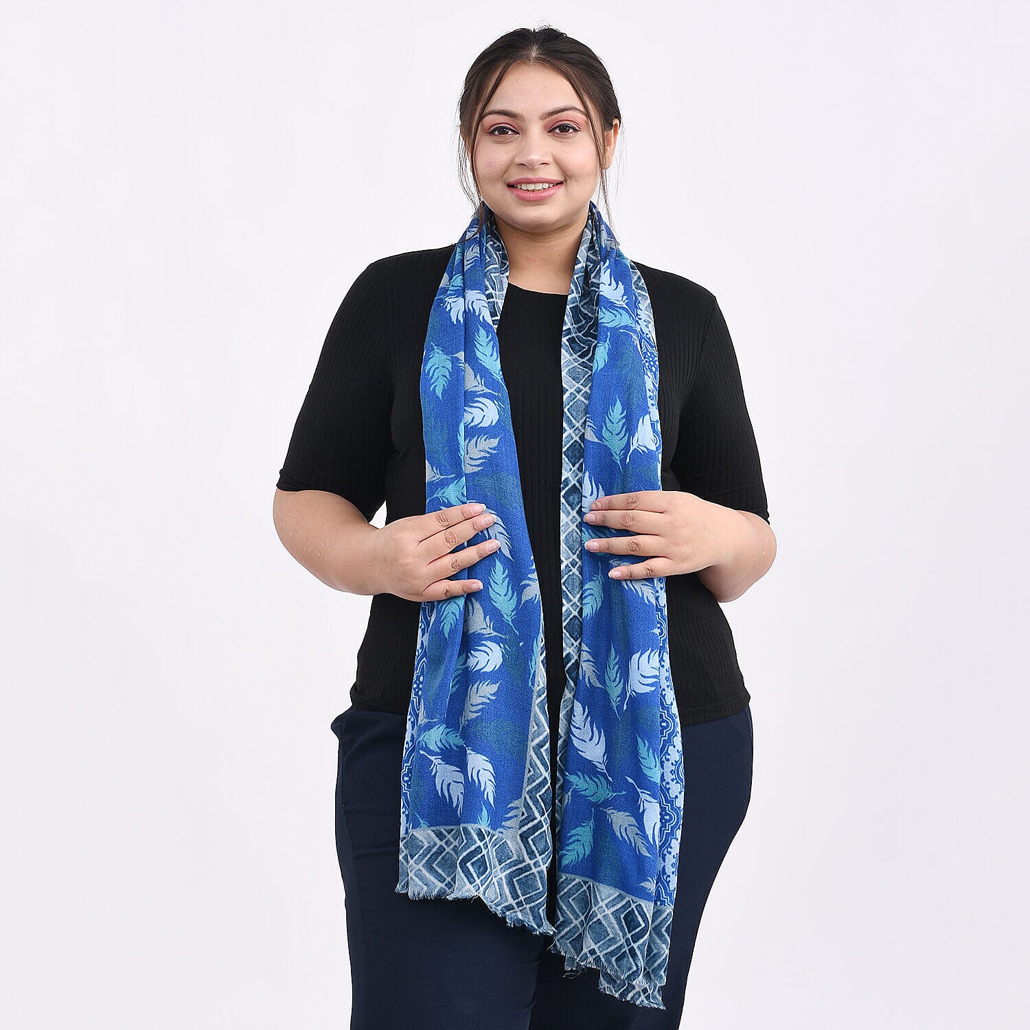 Designer Closeout - Feather Pattern 100% Cashmere Wool Scarf (Size 190x70 Cm) - Navy Blue