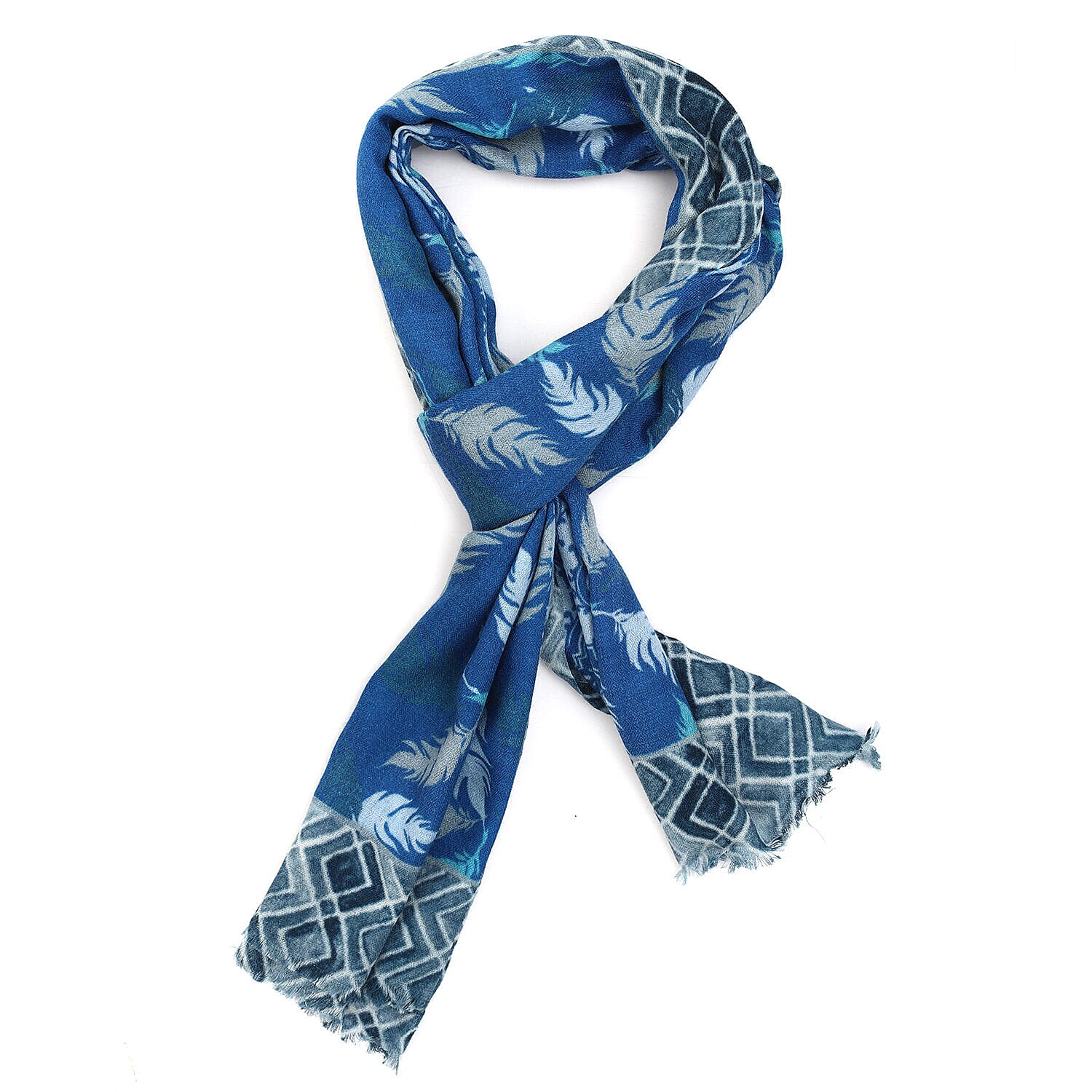 Designer Closeout - Feather Pattern 100% Cashmere Wool Scarf (Size 190x70 Cm) - Navy Blue