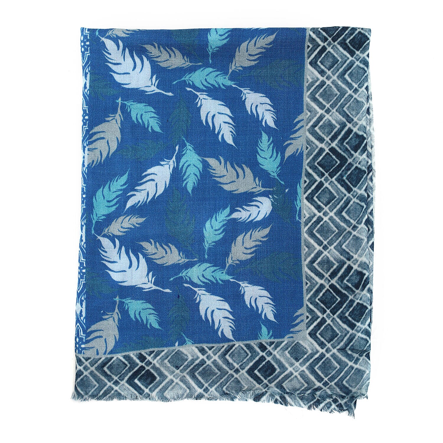Designer Closeout - Feather Pattern 100% Cashmere Wool Scarf (Size 190x70 Cm) - Navy Blue