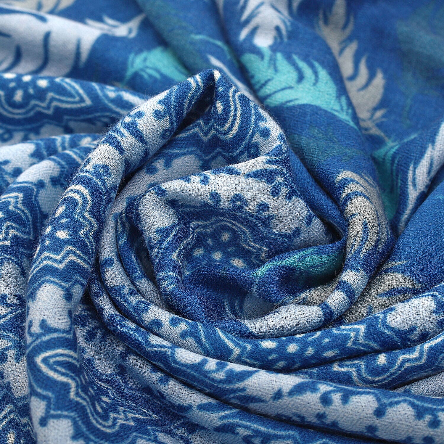 Designer Closeout - Feather Pattern 100% Cashmere Wool Scarf (Size 190x70 Cm) - Navy Blue