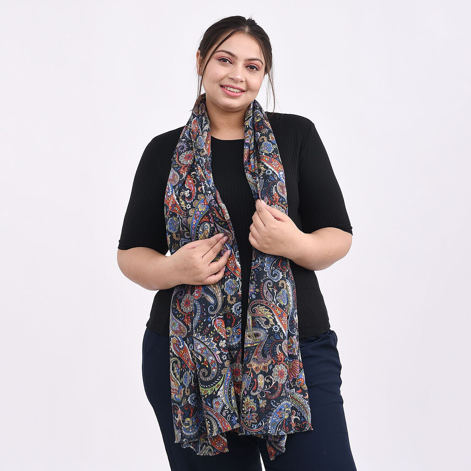 Designer Closeout - 100% Cashmere Wool Paisley Scarf (Size 190x70 Cm) - Black and Multi