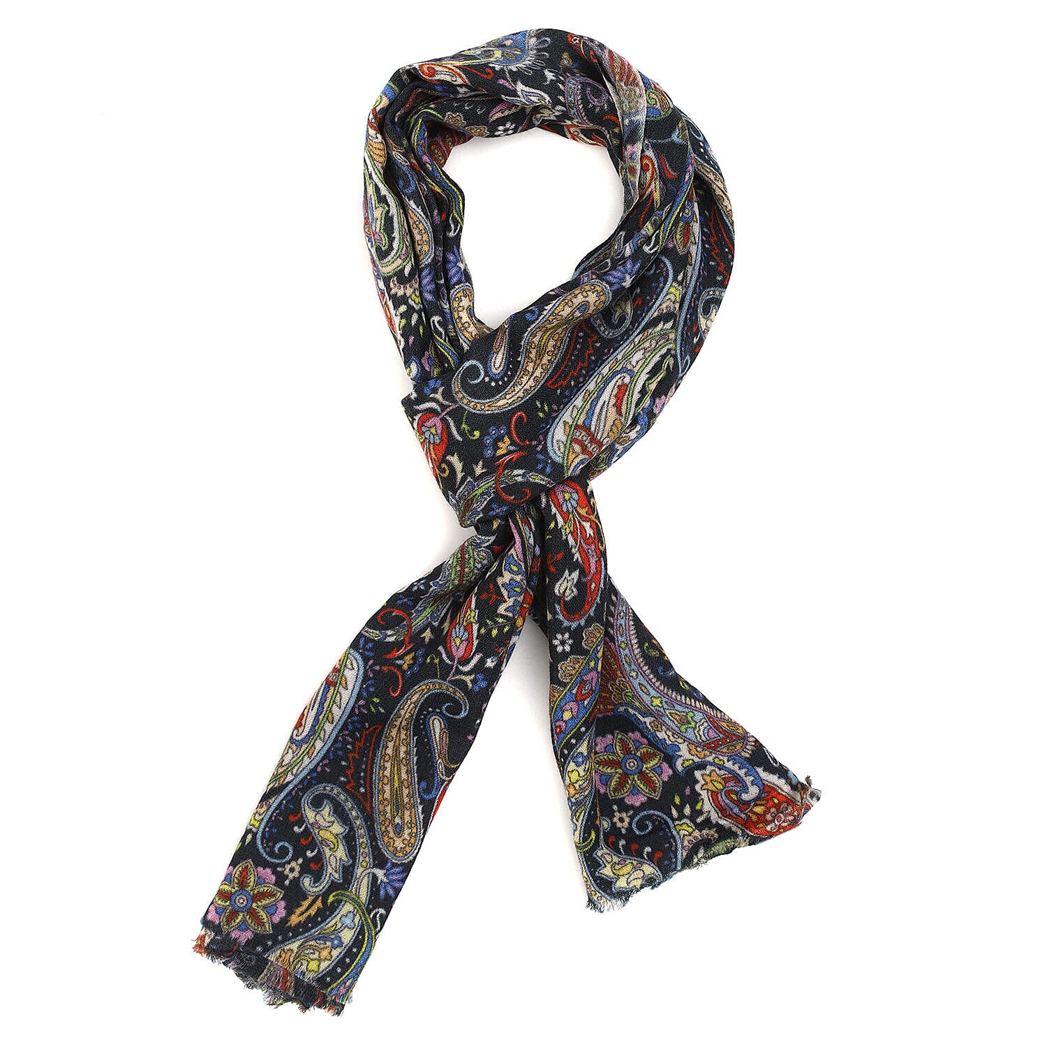 Designer Closeout - 100% Cashmere Wool Paisley Scarf (Size 190x70 Cm) - Black and Multi