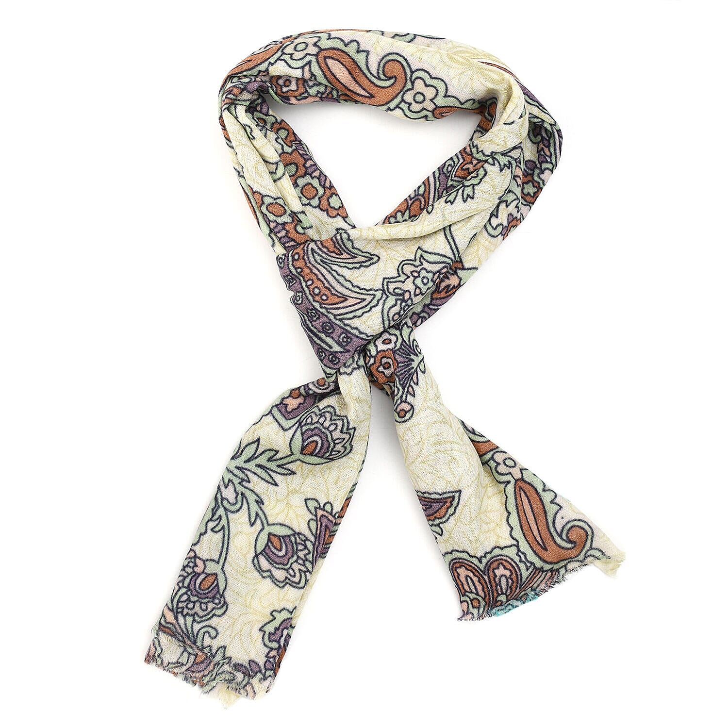 Designer Closeout - 100% Cashmere Wool Paisley Scarf (Size 190x70 Cm) - Light Yellow with Multi