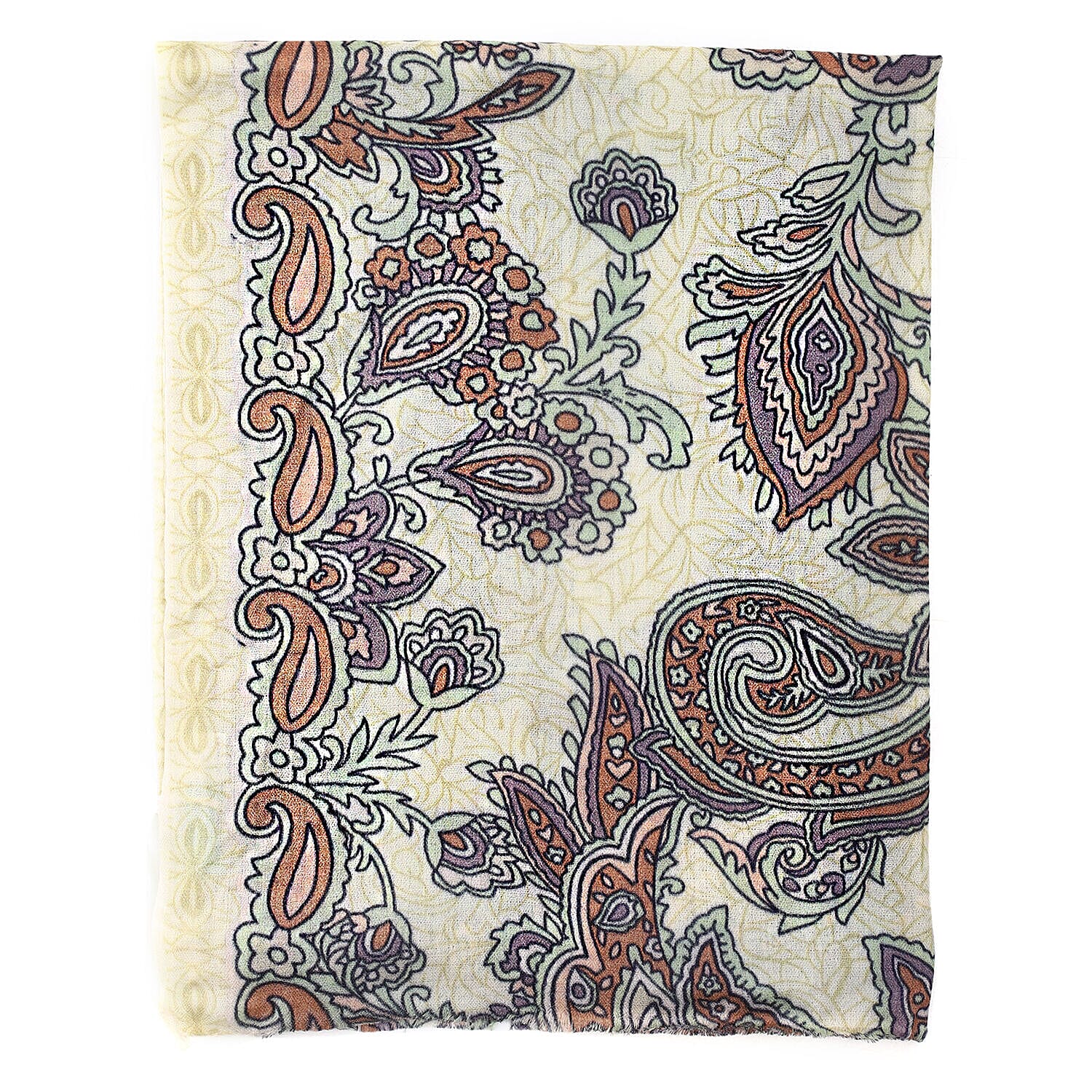Designer Closeout - 100% Cashmere Wool Paisley Scarf (Size 190x70 Cm) - Light Yellow with Multi