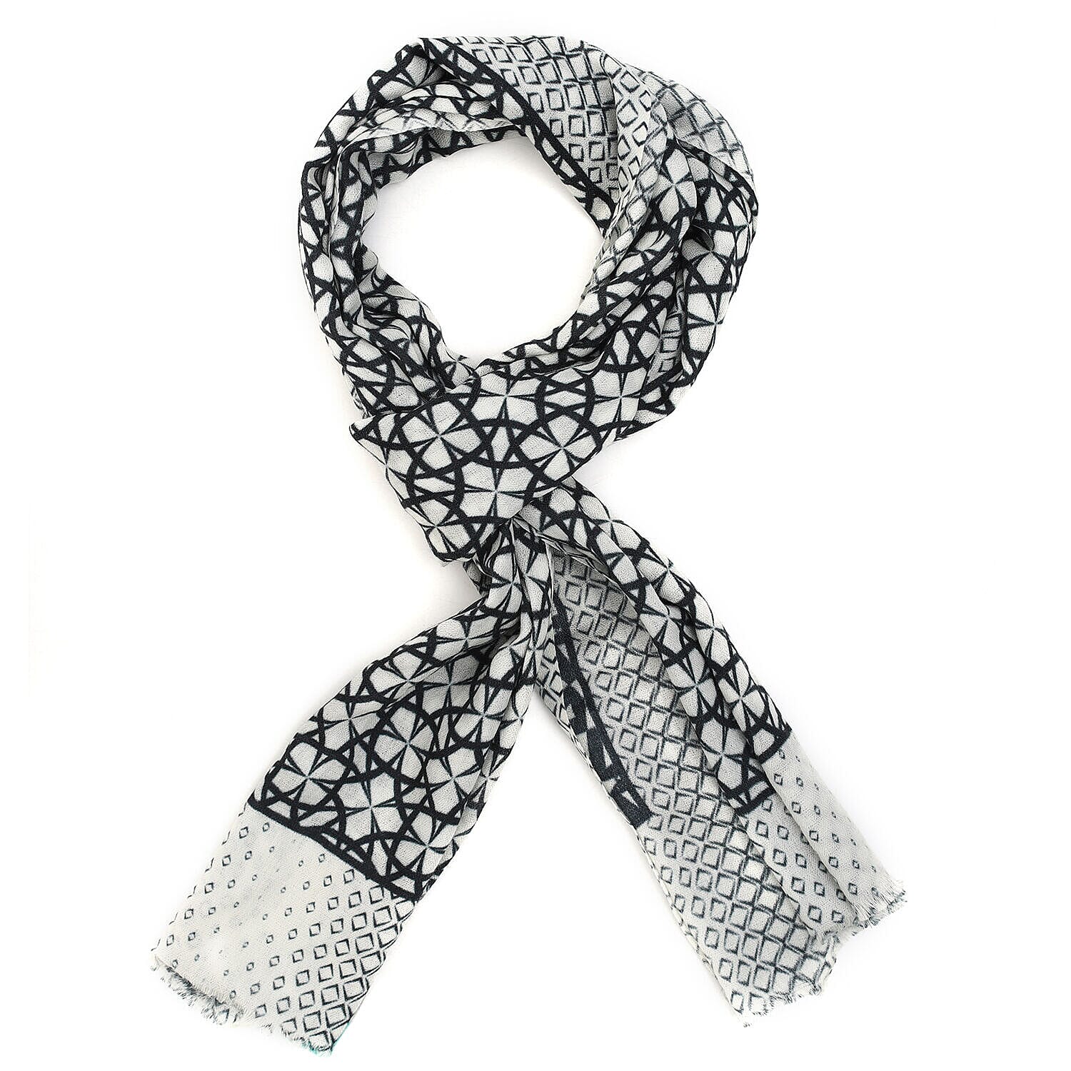 Designer Closeout - 100% Cashmere Wool Geo Pattern Scarf (Size 190x70 Cm) - Off White