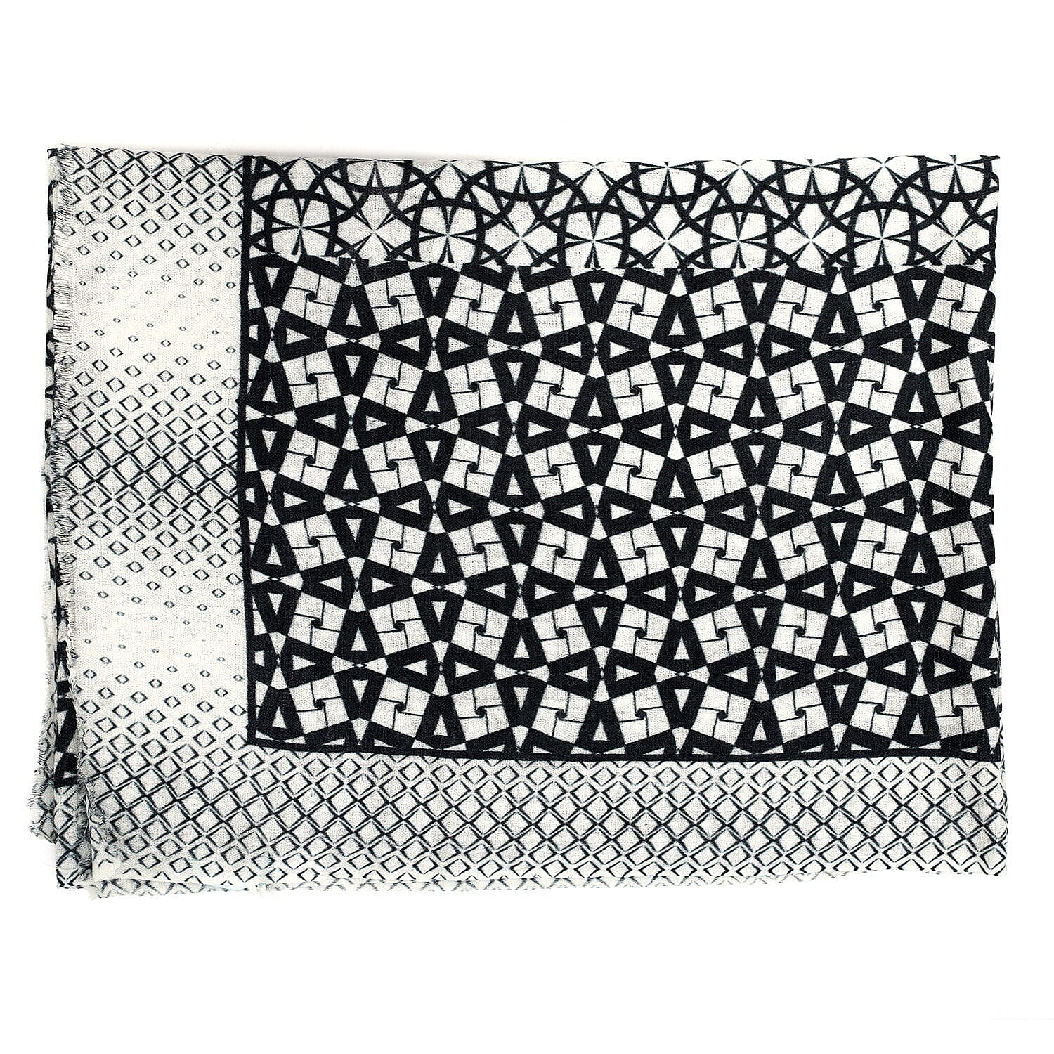 Designer Closeout - 100% Cashmere Wool Geo Pattern Scarf (Size 190x70 Cm) - Off White