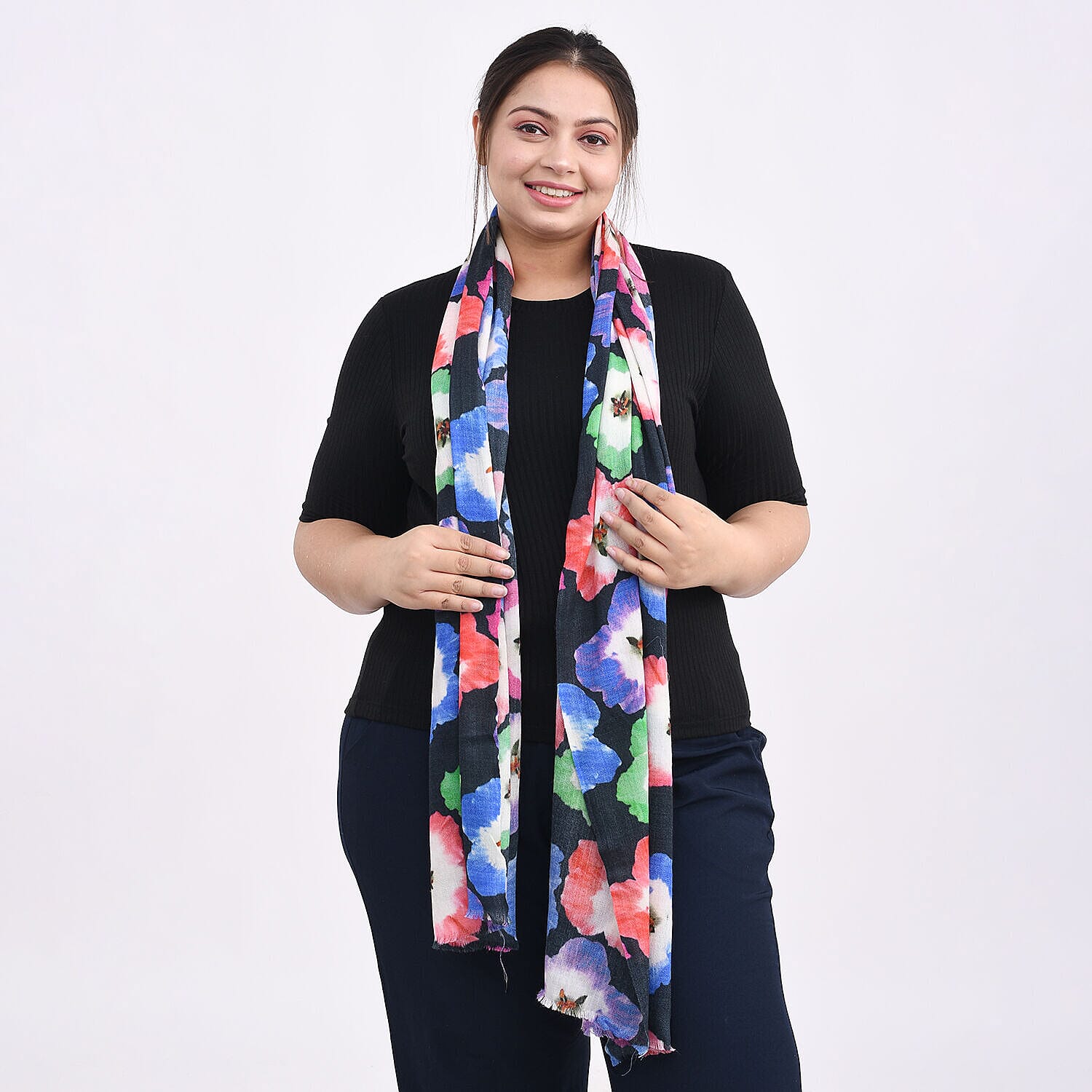 Designer Closeout - 100% Cashmere Wool Bold Floral Pattern Scarf (Size 190x70 Cm) - Black, Blue and Multi