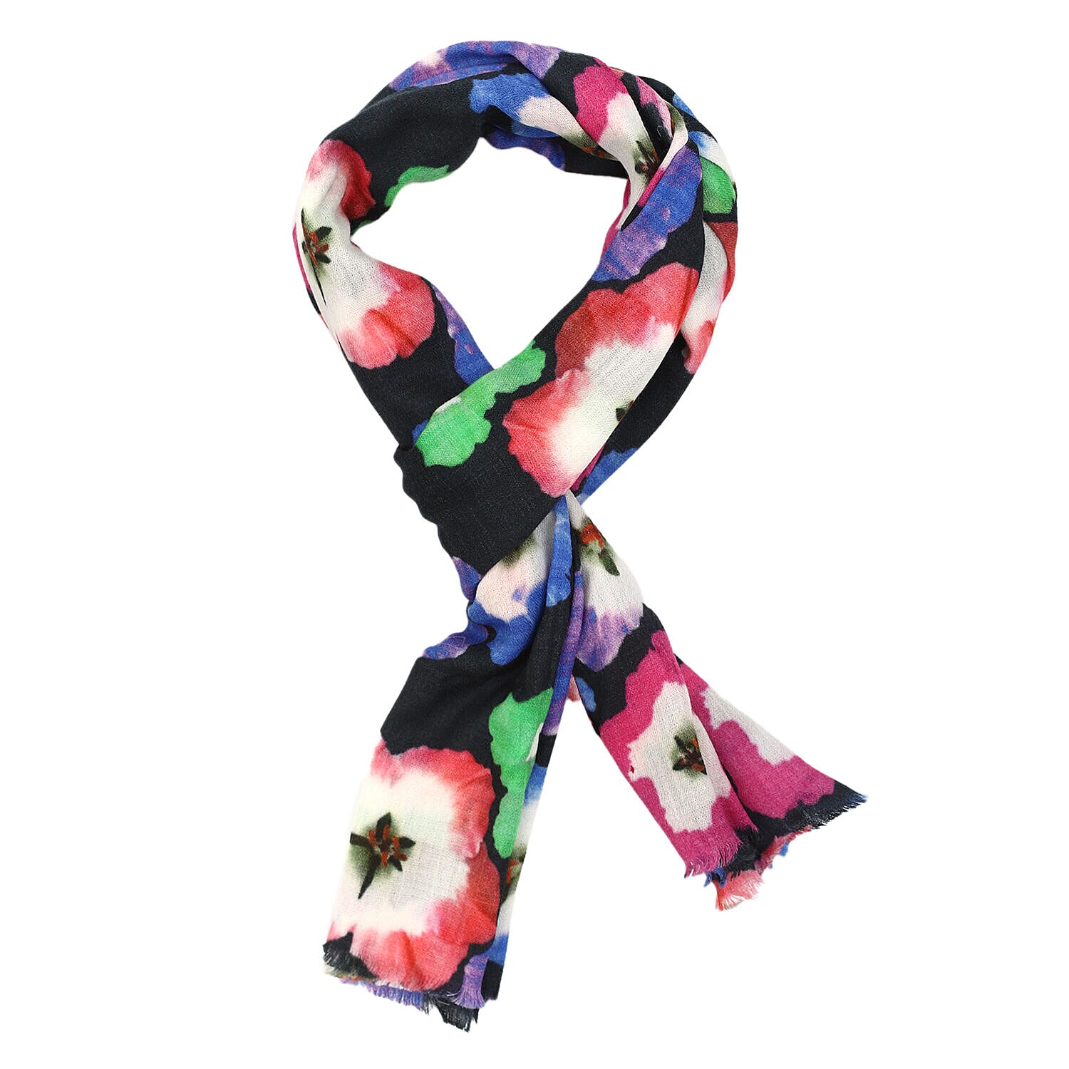 Designer Closeout - 100% Cashmere Wool Bold Floral Pattern Scarf (Size 190x70 Cm) - Black, Blue and Multi