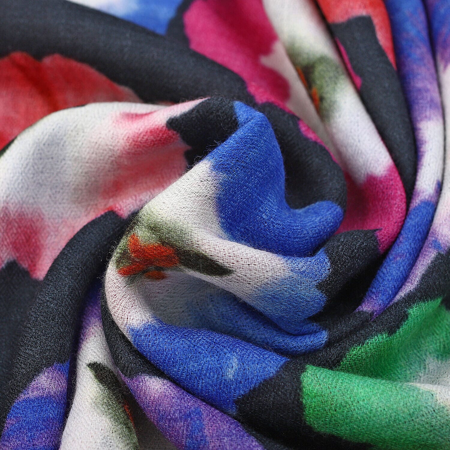 Designer Closeout - 100% Cashmere Wool Bold Floral Pattern Scarf (Size 190x70 Cm) - Black, Blue and Multi
