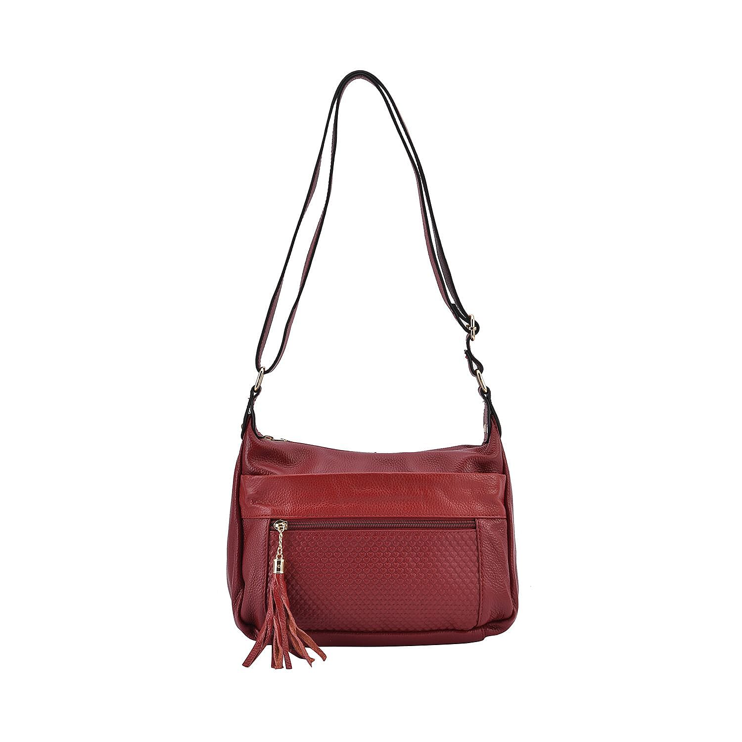 Genuine Leather Solid Crossbody Bag with Shoulder Strap - Burgundy