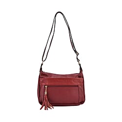 Genuine Leather Solid Crossbody Bag with Shoulder Strap - Burgundy