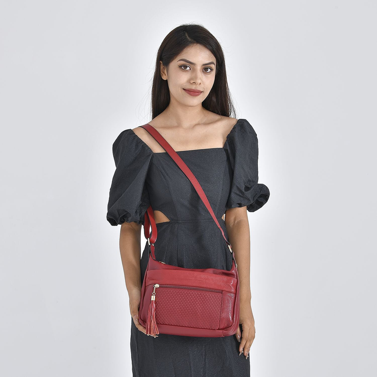 Genuine Leather Solid Crossbody Bag with Shoulder Strap - Burgundy