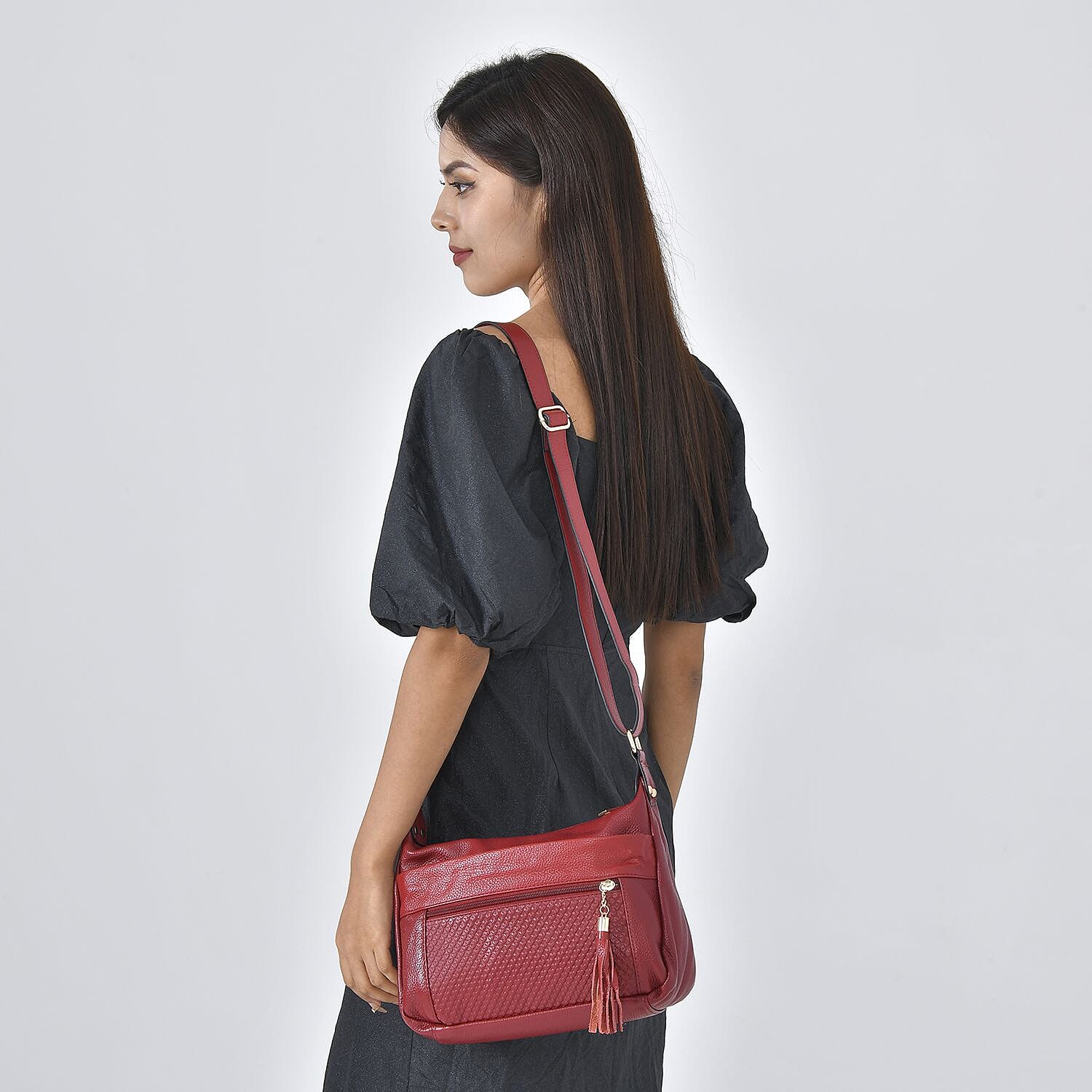 Genuine Leather Solid Crossbody Bag with Shoulder Strap - Burgundy