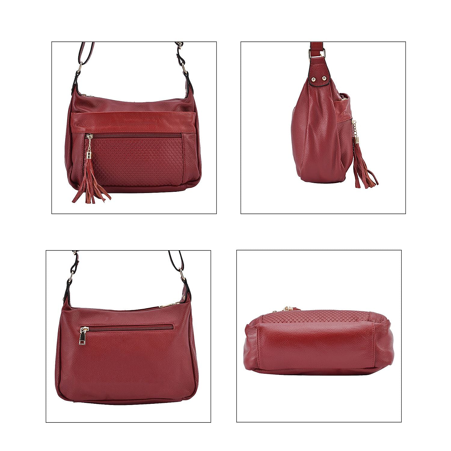 Genuine Leather Solid Crossbody Bag with Shoulder Strap - Burgundy