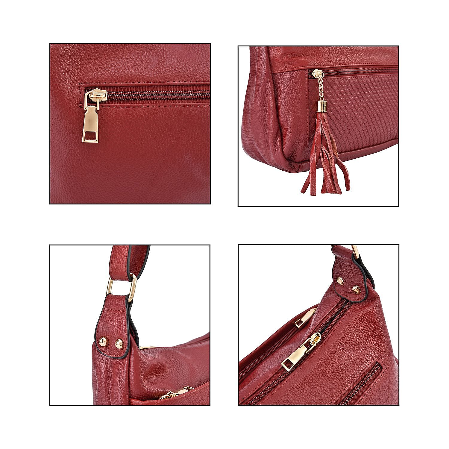 Genuine Leather Solid Crossbody Bag with Shoulder Strap - Burgundy