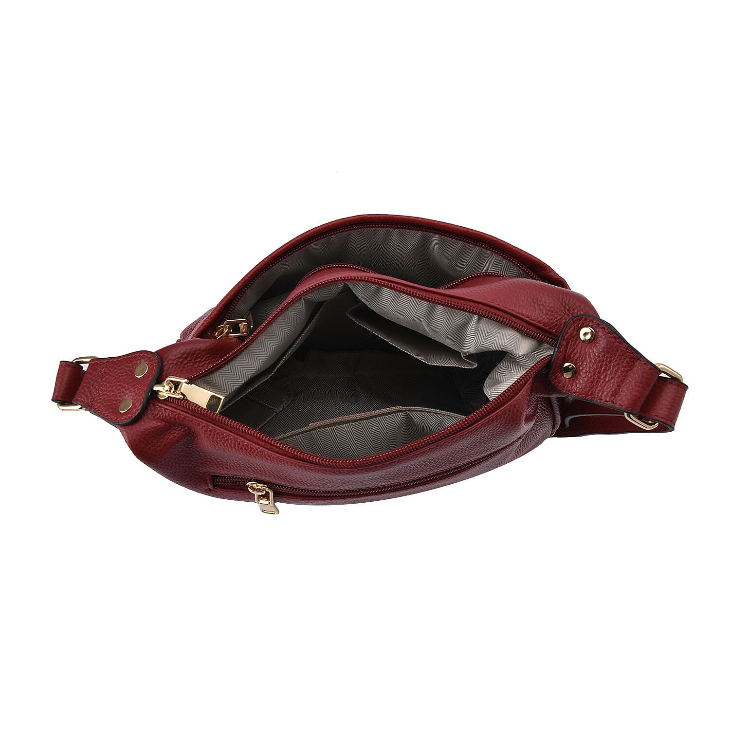 Genuine Leather Solid Crossbody Bag with Shoulder Strap - Burgundy