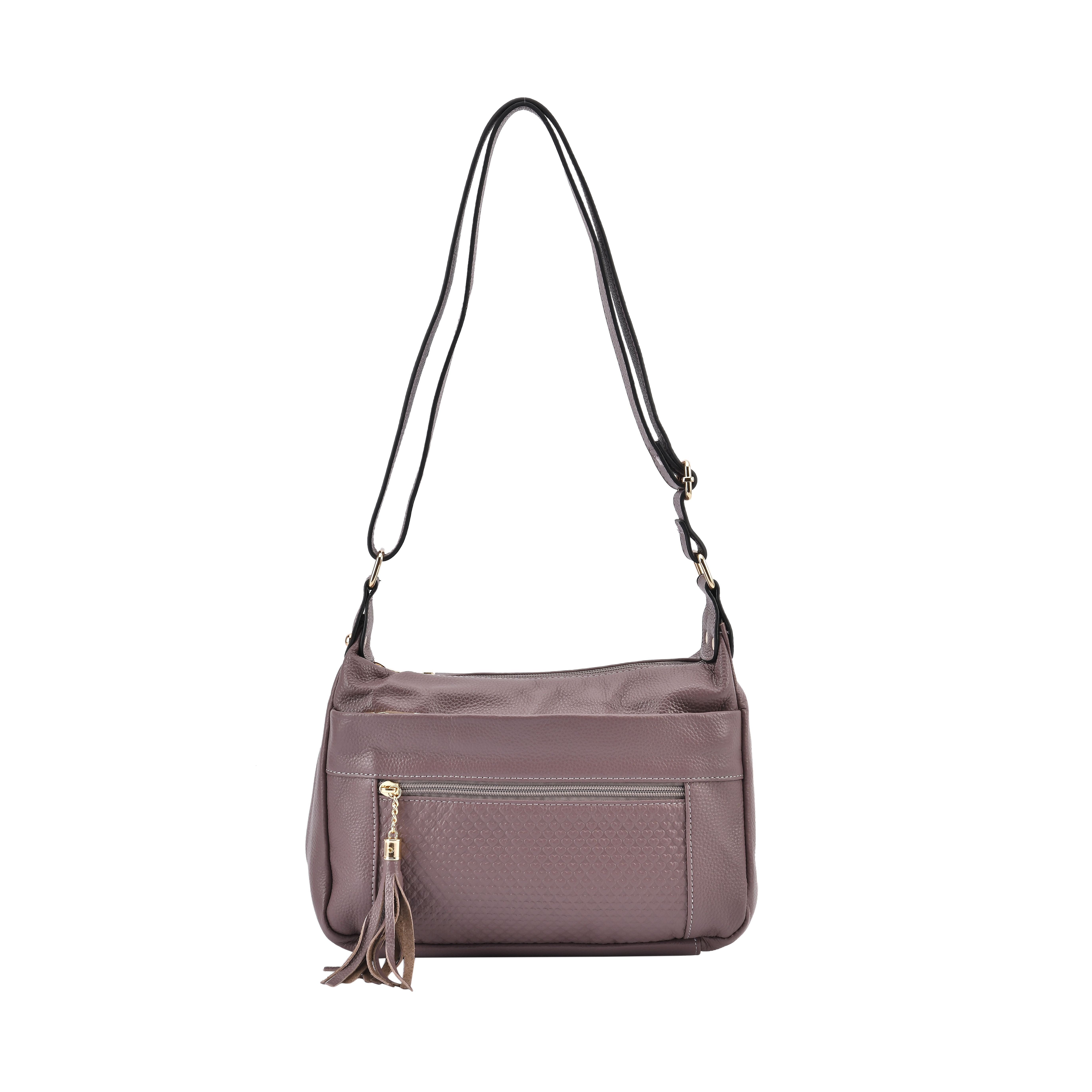 Genuine Leather Solid Crossbody Bag with Shoulder Strap - Purple