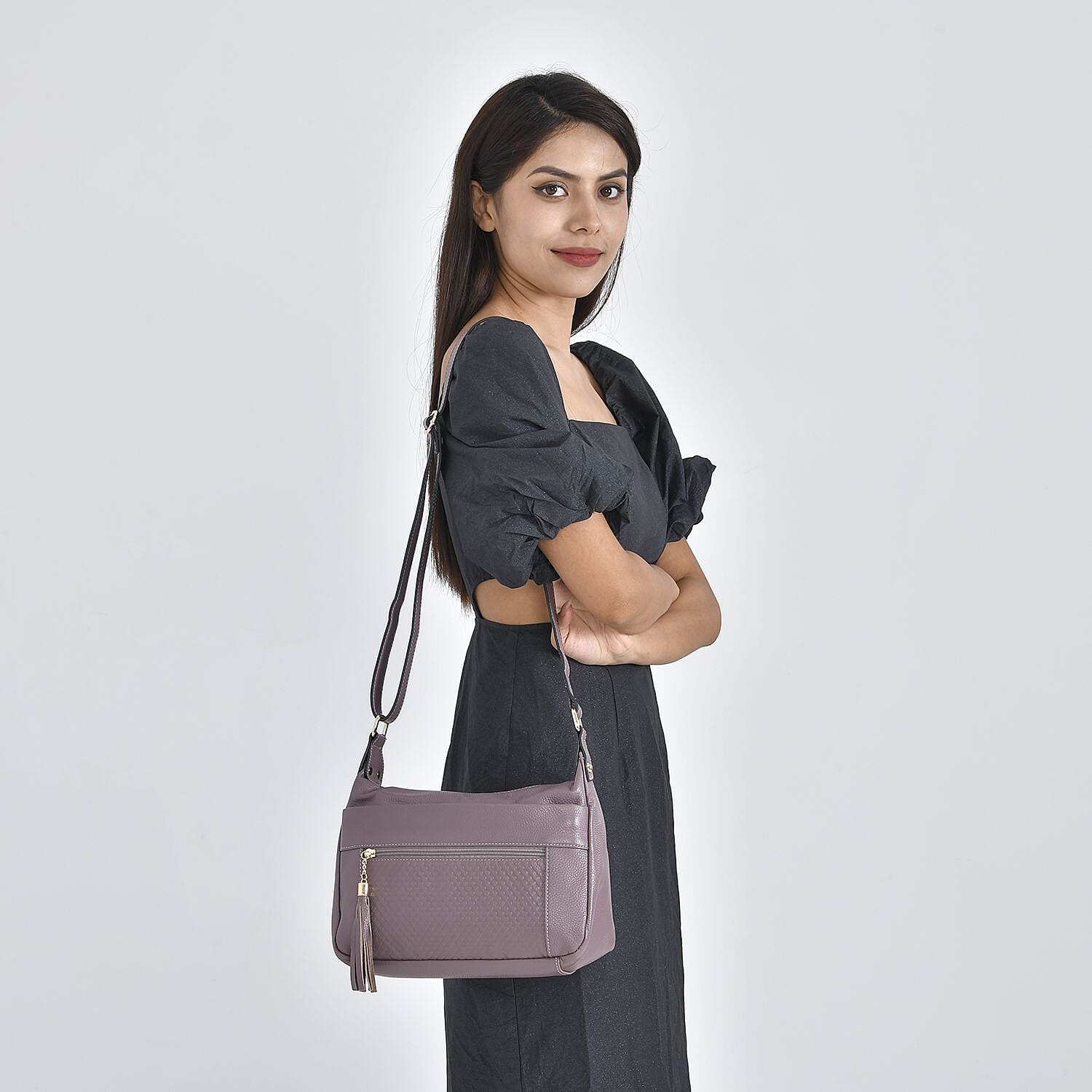 Genuine Leather Solid Crossbody Bag with Shoulder Strap - Purple