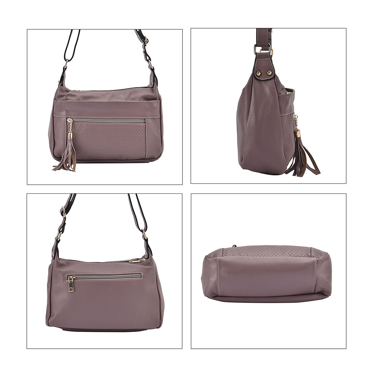 Genuine Leather Solid Crossbody Bag with Shoulder Strap - Purple